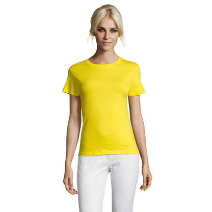 Tricou femei bright yellow, mâneci scurte, guler rotund, 150g, model clasic pentru uz zilnic