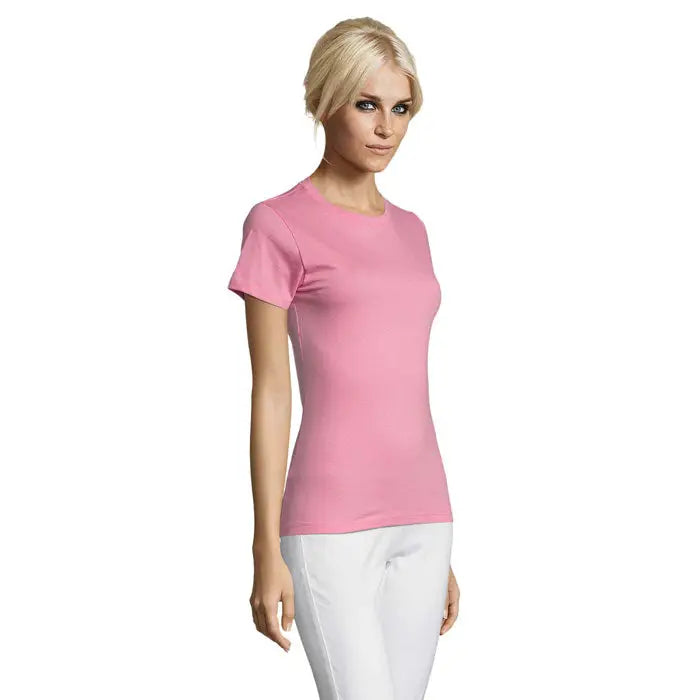 Tricou regent femei 150g roz deschis cu mâneci scurte și decolteu rotund simplu din material moale