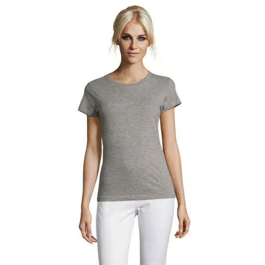 Tricou femei heather gri deschis cu mânecă scurtă și decolteu rotund din bumbac 150g triuc regent