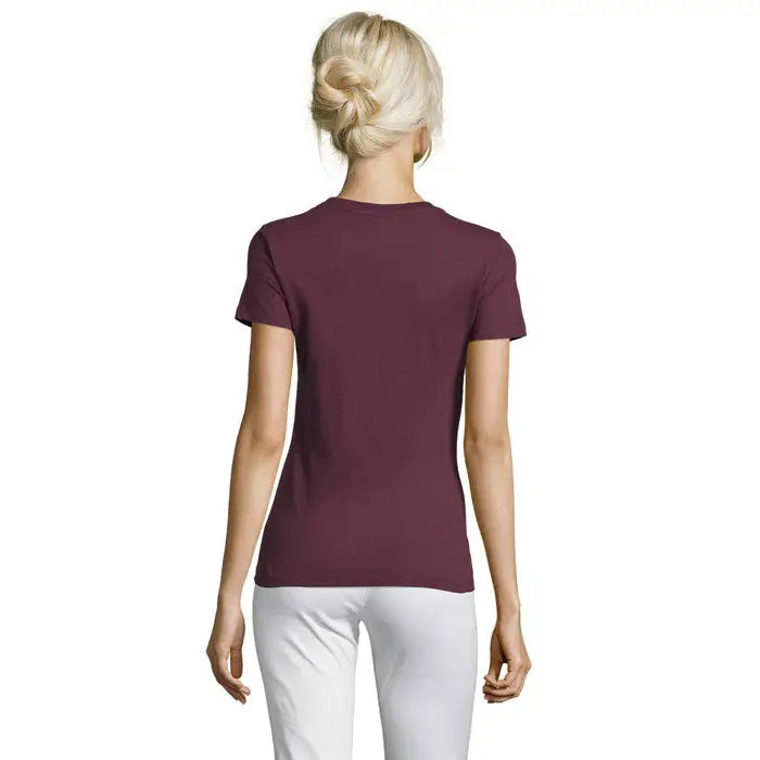 Tricou femei triuc regent maro închis cu mânecă scurtă și guler rotund din material de 150g