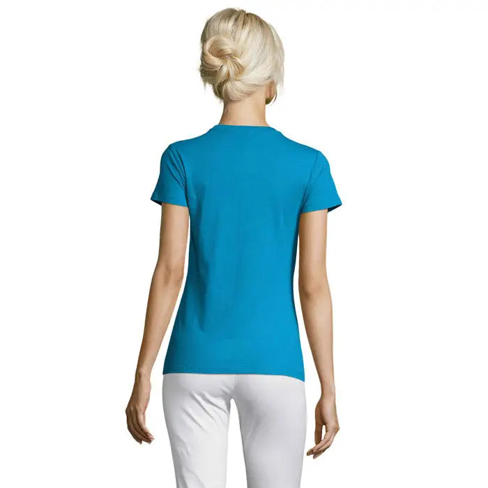 Tricou femei turcoaz vibrant cu mâneci scurte și guler rotund model triuc regent 150g