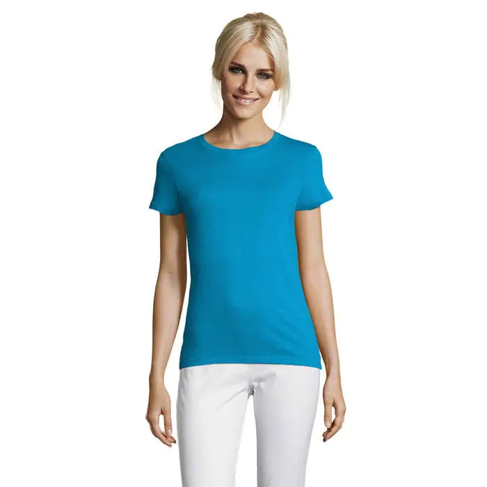 Tricou de dama regent femei 150g turcoaz vibrant cu maneci scurte si guler rotund clasic din material usor