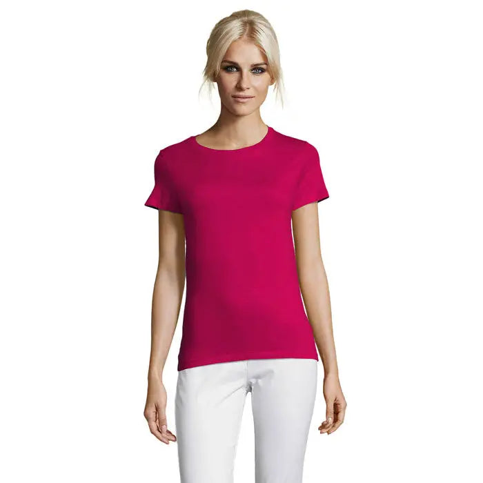Tricou fuchsia vibrant cu mâneci scurte și guler rotund simplu triuc regent femei 150g