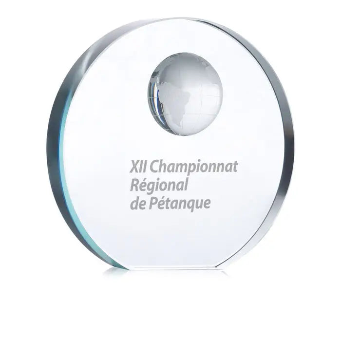 Trofeu glob de sticla transparent cu glob central si gravura xii championnat régional de pétanque