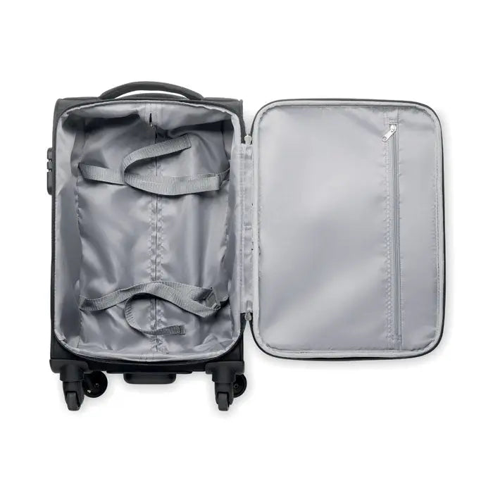 Troler moale 600d rpet negru carry-on cu carcasă dură, interior gri și curele integrate de compresie