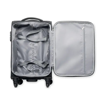 Troler moale 600d rpet negru carry-on cu carcasă dură, interior gri și curele integrate de compresie