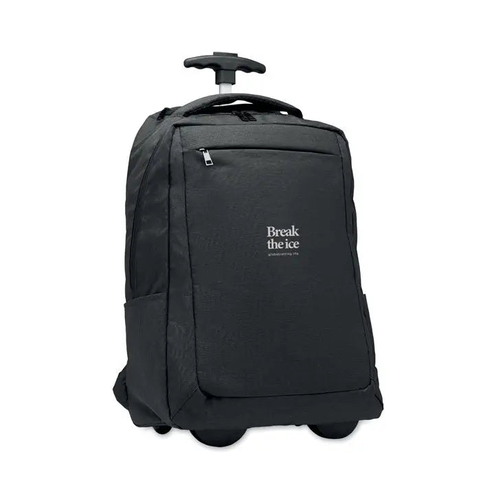 Troler rucsac negru 480d rpet cu mâner retractabil, patru roți și logo break the ice pe panoul frontal