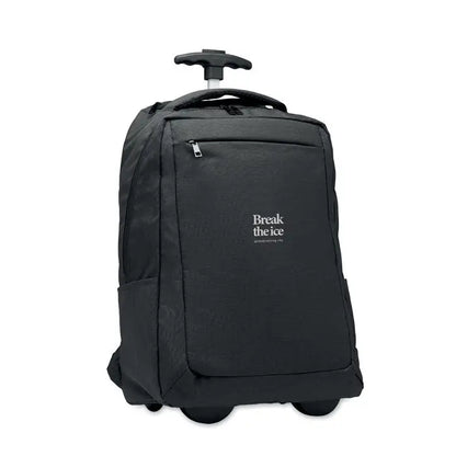 Troler rucsac negru 480d rpet cu mâner retractabil, patru roți și logo break the ice pe panoul frontal