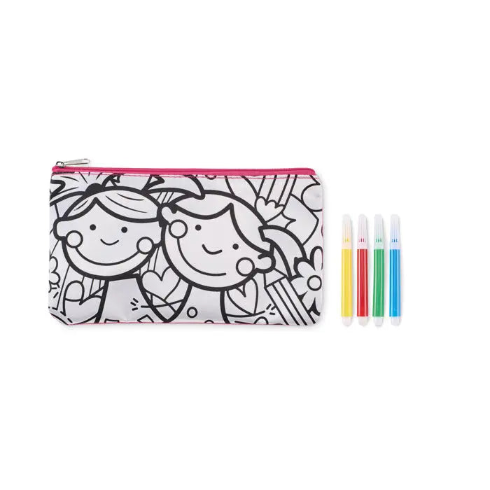 Trusa cu markere alba cu fermoar roz si desene cu copii zambitori, insotita de patru markere colorate