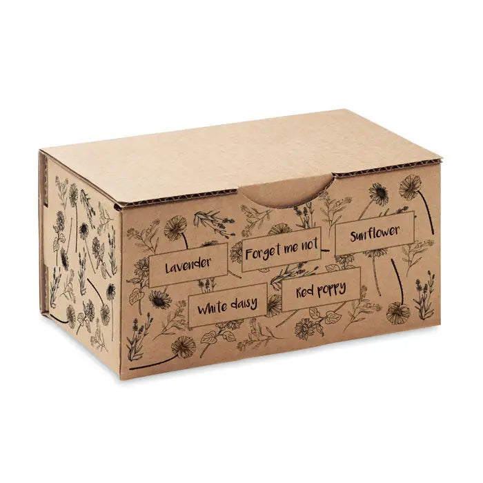 O cutie maro din carton cu ilustratii florale si denumiri de flori pentru trusa de crestere a florilor