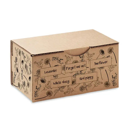 O cutie maro din carton cu ilustratii florale si denumiri de flori pentru trusa de crestere a florilor