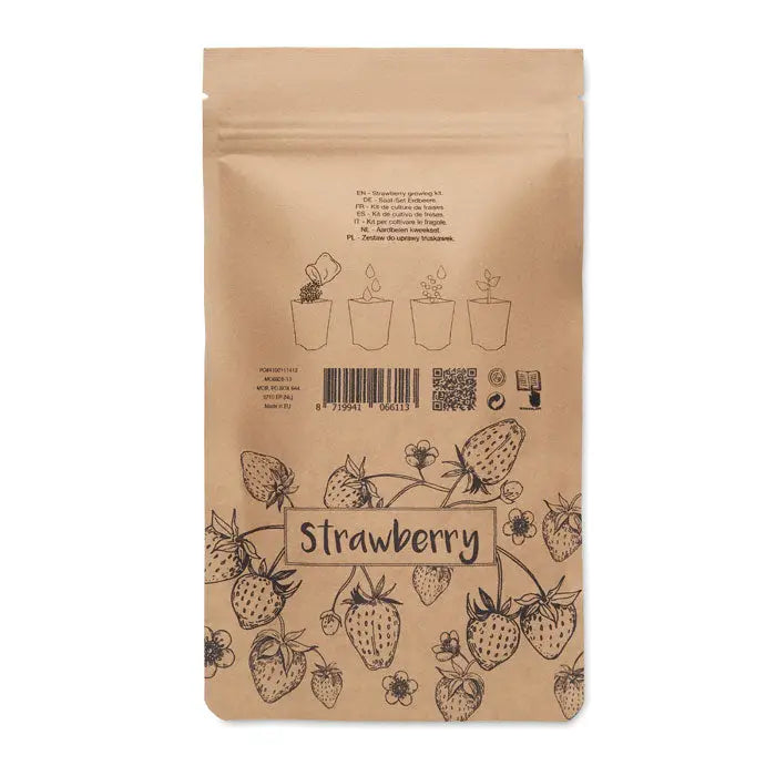 Trusa de cultivare a capsunilor cu sac din hartie maro decorat cu capsuni desenate in linii negre si text simplu strawberry
