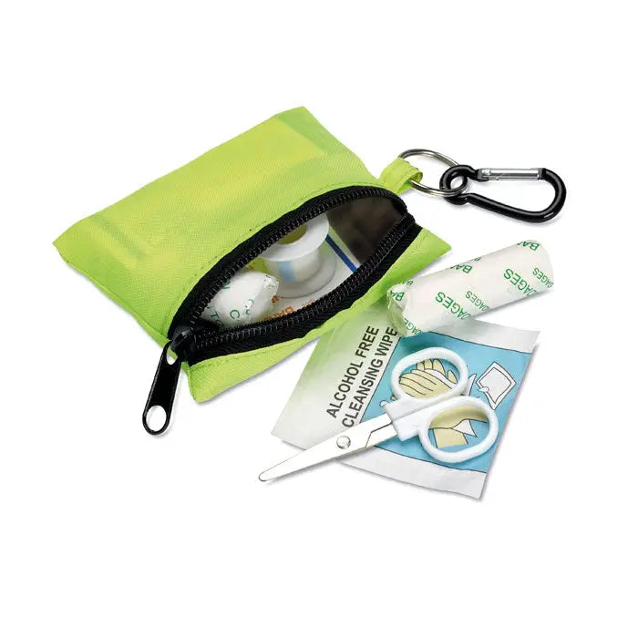 Trusa de prim ajutor verde lime cu fermoar negru si carabina contine lavete fara alcool si plasturi