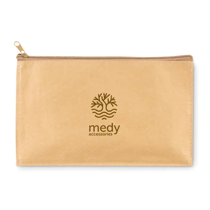 Trusa din hartie tesata tan pouch din piele cu fermoar si logo auriu medy accessories imprimat la exterior