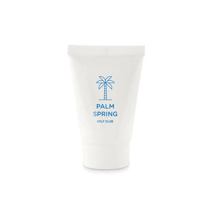 Tub alb din plastic de 45 ml cu logo palm spring golf club pentru lotiune de protectie solara