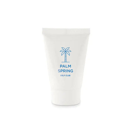 Tub alb din plastic de 45 ml cu logo palm spring golf club pentru lotiune de protectie solara