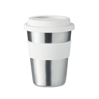 Tumbler din otel inoxidabil de 350 ml argintiu cu capac alb din plastic si banda de prindere alba din silicon