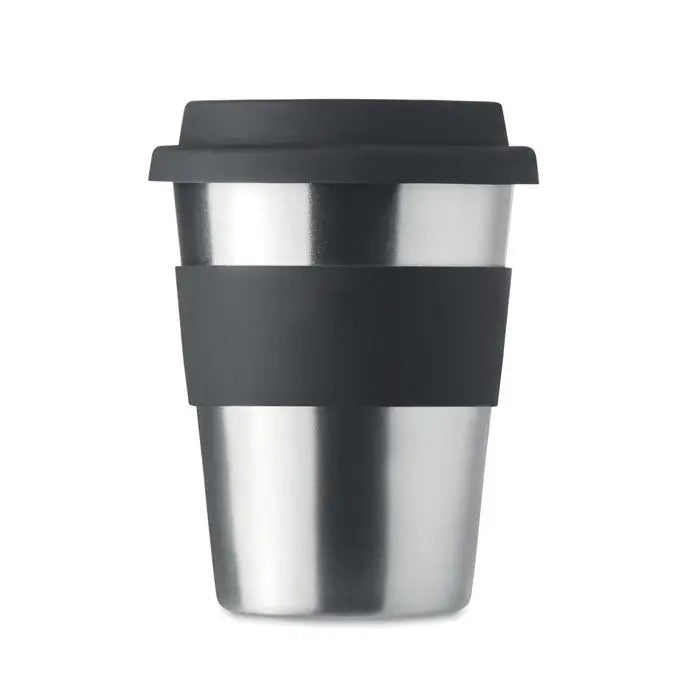 Tumbler din otel inoxidabil 350ml cu capac si banda de prindere din silicon negru pentru calatorii