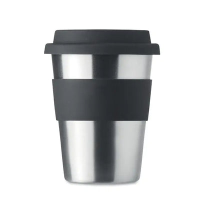 Tumbler din otel inoxidabil 350ml cu capac si banda de prindere din silicon negru pentru calatorii