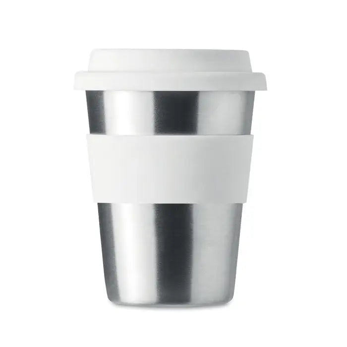Tumbler din otel inoxidabil 350ml cu capac alb din plastic si banda de silicon pentru prindere ergonomica
