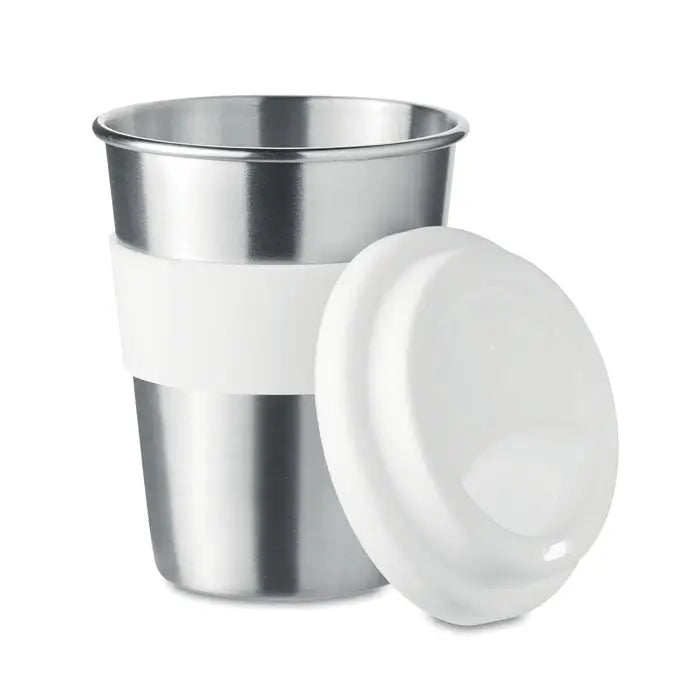 Tumbler din otel inoxidabil 350ml argintiu cu grip din silicon alb si capac asortat pentru calatorii