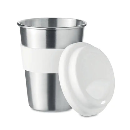 Tumbler din otel inoxidabil 350ml argintiu cu grip din silicon alb si capac asortat pentru calatorii