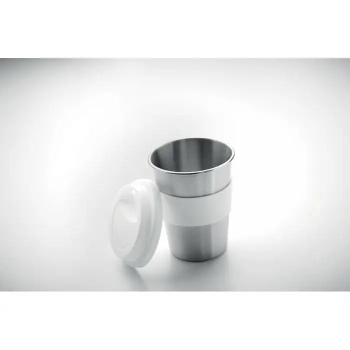Tumbler din otel inoxidabil 350ml cu grip siliconic alb si capac asortat pentru bauturi calde sau reci