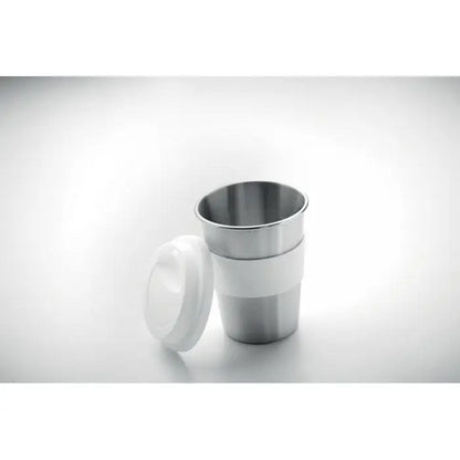 Tumbler din otel inoxidabil 350ml cu grip siliconic alb si capac asortat pentru bauturi calde sau reci