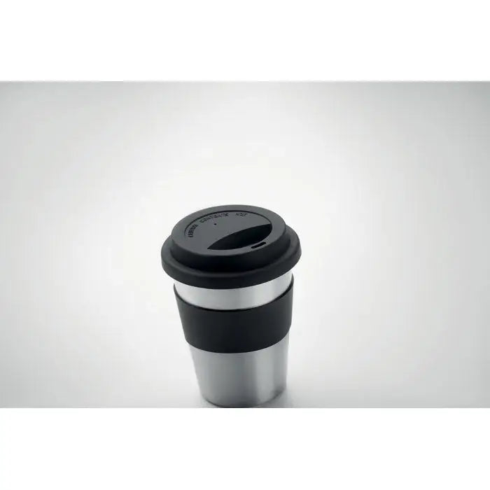 Tumbler din otel inoxidabil 350ml negru si argintiu cu banda de silicon anti-alunecare si izolare termica