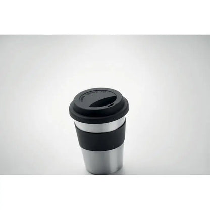 Tumbler din otel inoxidabil 350ml negru si argintiu cu banda de silicon anti-alunecare si izolare termica