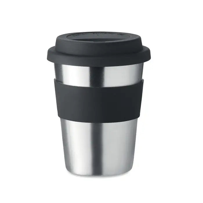 Tumbler din otel inoxidabil 350ml cu capac si grip antiderapant din silicon negru pentru calatorii
