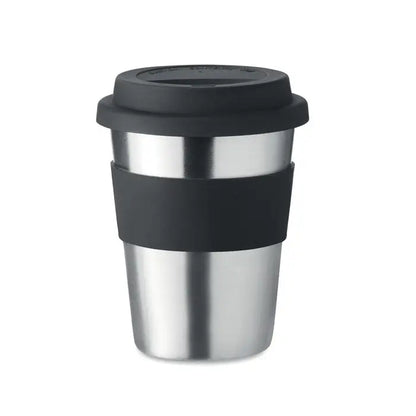 Tumbler din otel inoxidabil 350ml cu capac si grip antiderapant din silicon negru pentru calatorii