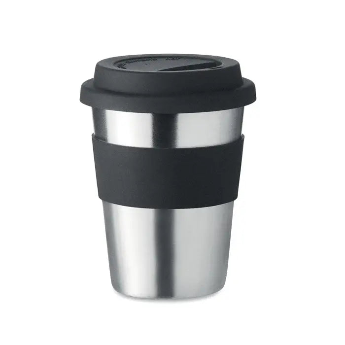 Tumbler din otel inoxidabil de 350ml cu capac si grip din silicon negru pentru calatorii