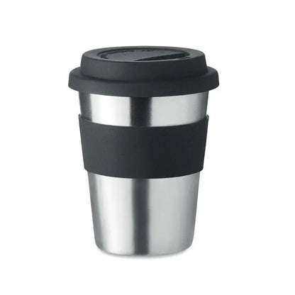 Tumbler din otel inoxidabil de 350ml cu capac si grip din silicon negru pentru calatorii