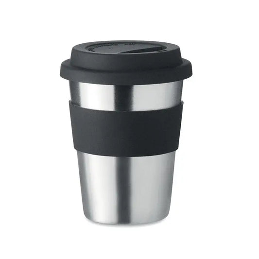 Tumbler din otel inoxidabil de 350ml cu capac si grip din silicon negru pentru calatorii