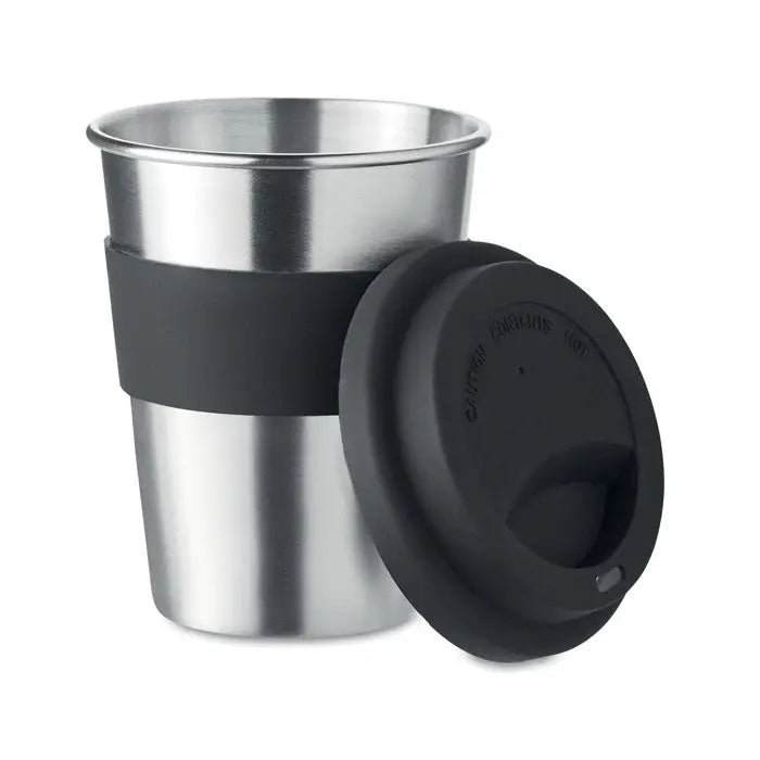 Tumbler din otel inoxidabil 350ml cu grip din silicon negru si capac asortat pentru calatorii