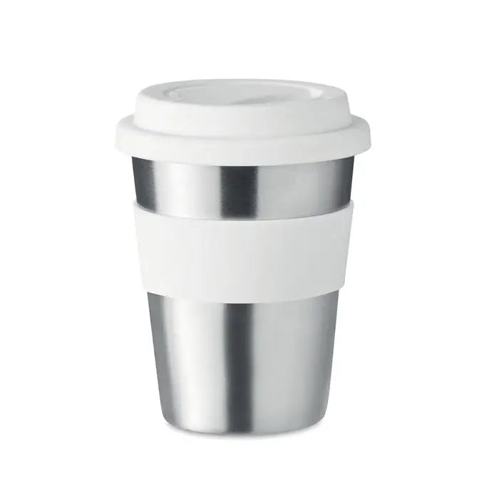 Tumbler din otel inoxidabil 350ml cu capac alb din plastic si banda antiderapanta din silicon alba