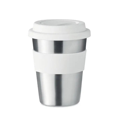Tumbler din otel inoxidabil 350ml cu capac alb din plastic si banda antiderapanta din silicon alba
