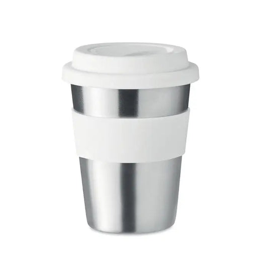 Tumbler din otel inoxidabil 350ml cu capac alb din plastic si banda antiderapanta din silicon alba