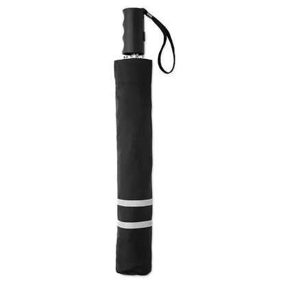 Umbrelă compactă neagră cu mânere texturate și două dungi reflectorizante argintii de 21 inch pliabilă
