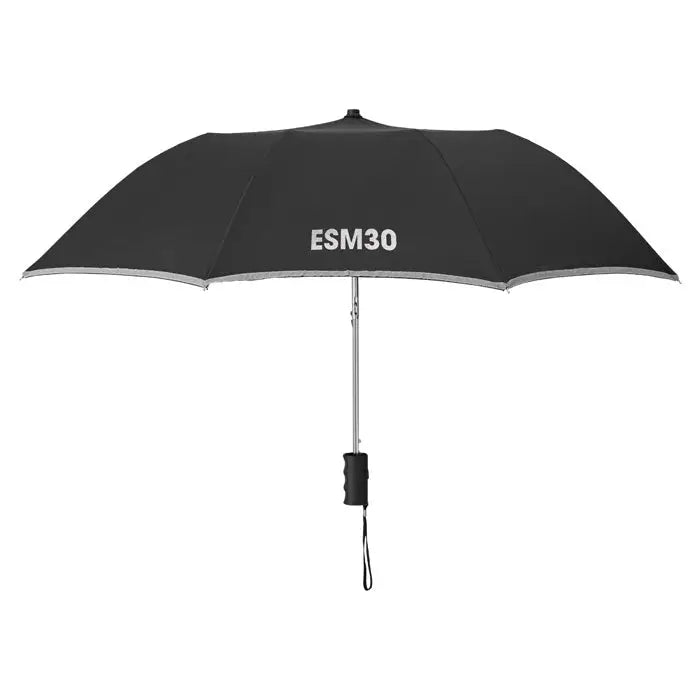 Umbrelă pliabilă neagră cu două ori de 21 inch cu margini argintii și esm30 imprimat pe cupolă