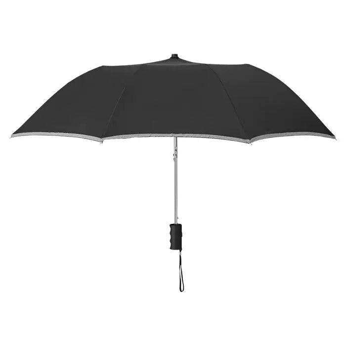 Umbrelă neagră pliabilă cu două ori de 21 inch cu tijă argintie lucioasă și mâner negru ergonomic