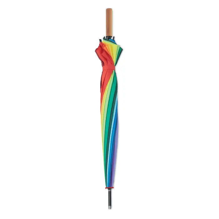 Umbrelă curcubeu de 27 inch închisă cu mâner din lemn și vârf metalic, ideală pentru ploaie