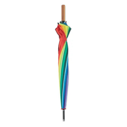 Umbrelă curcubeu de 27 inch închisă cu mâner din lemn și vârf metalic, ideală pentru ploaie