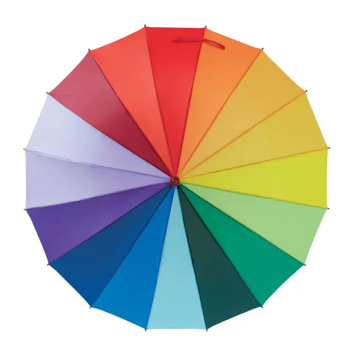 Umbrela curcubeu de 27 inch cu panouri din material rezistent si culori vibrante aranjate in cercuri concentrice