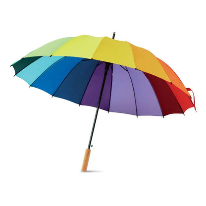 Umbrelă curcubeu de 27 inch cu știft negru și mâner din lemn, umbrelă vibrantă și colorată