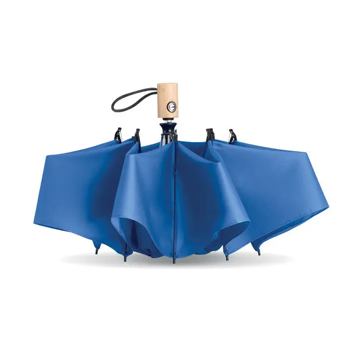 Umbrelă albastră compactă de 23 inch cu mâner de lemn și prindere neagră din rpET 190T