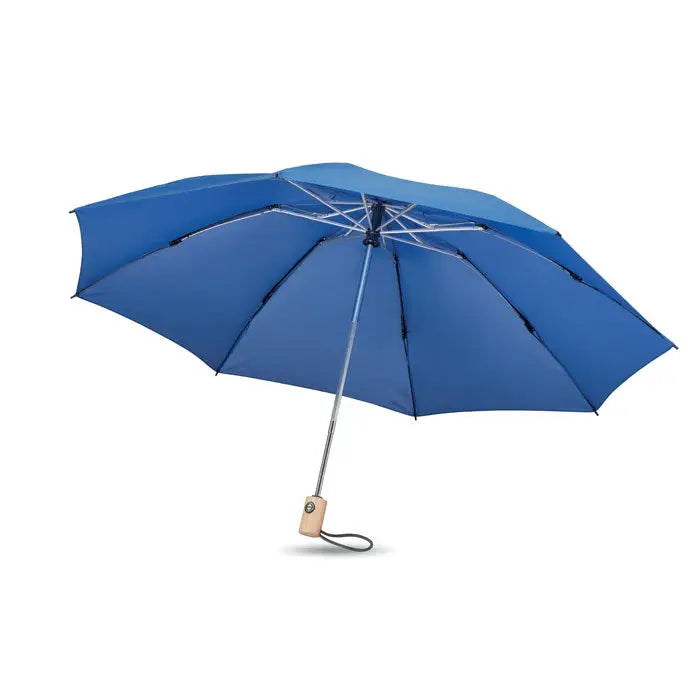 Umbrela de 23 inch 190T RPET albastră compactă cu ax argintiu și mâner din lemn