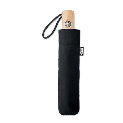 Umbrelă compactă neagră de 23 inch 190t rpet cu mâner din lemn deschis și husă din material negru