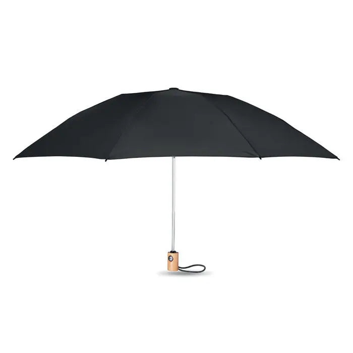 Umbrela de 23 inch 190t rpet neagra cu ax argintiu si maner de lemn deschis la culoare